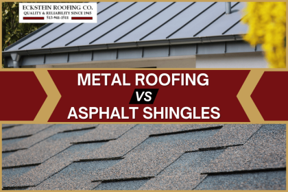 A comparative side-by-side marketing banner evaluating Metal vs Asphalt Roofing by Eckstein Roofing Co., featuring a grey standing seam system and detailed asphalt shingles.