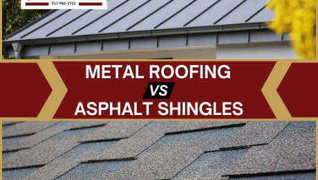 ER Blog Header #2 (770 x 513 px) A comparative side-by-side marketing banner evaluating Metal vs Asphalt Roofing by Eckstein Roofing Co., featuring a grey standing seam system and detailed asphalt shingles.