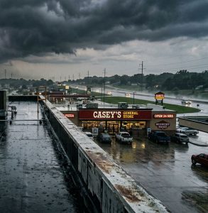 A commercial flat roof during a summer thunderstorm