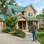 homeowner in front of his house with a new metal roof installation 